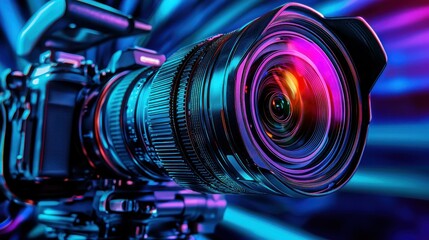 A detailed close up view of a video camera lens
