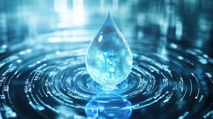 The glowing water drop, infused with data streams and binary patterns, represents advanced environmental monitoring and AI-powered conservation efforts.

