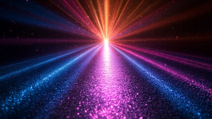 Fototapeta premium Glowing colorful rays converge on a glittering surface, creating a dynamic, radiant light effect.