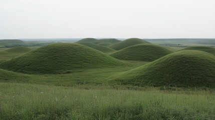 Several grassy mounds are located in a vast green landscape setting