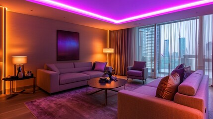 Luxurious modern living room with colorful ambient interior lighting