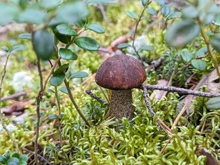 In the heart of a serene forest, a solitary mushroom rises proudly amidst the lush, vibrant greenery around it