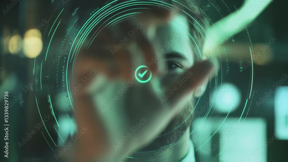 Poster futuristic interface being used by a businessman validating and confirming data with a check mark sy