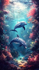 Obraz premium Two dolphins swim through vibrant coral reef, pixel art style, underwater scene, colorful coral, glowing light, underwater world, marine life, ocean scene, beautiful marine environment