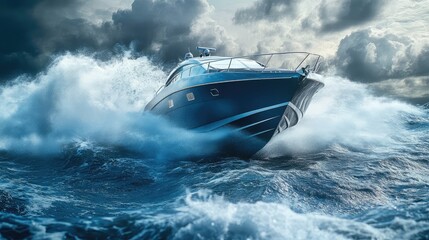 Fototapeta premium Blue Luxury Yacht Cutting Through Stormy Seas