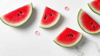 Several refreshing watermelon slices are spread on a white surface