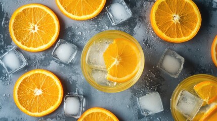 Orange Slices and Iced Beverages on a Grey Background