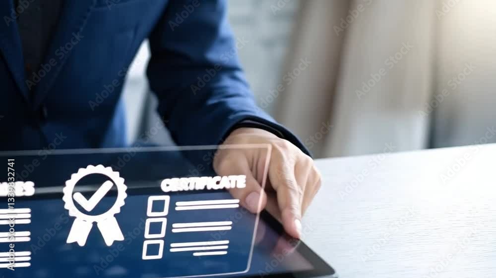Poster Digital Verification: Streamlining Workflow with Checklists, Certifications, and Secure Document Management. A professional uses a tablet and laptop  