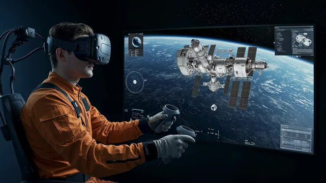 Man in vr headset piloting space station in virtual reality footage. Virtual reality entertainment motion picture. Astronaut piloting ship in metaverse video clip. - Powered by Adobe