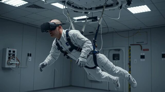 Caucasian man in vr headset training in zero gravity simulator video clip. Astronaut practicing space mission in virtual reality with haptic suit motion footage.