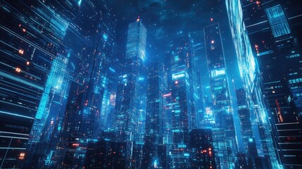 Fototapeta premium A futuristic city skyline with glowing blue and red lights