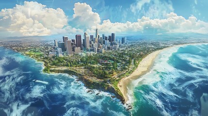 Naklejka premium A panoramic view of a coastal city landscape under the sky