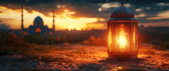 Illuminated lantern at dusk, against a mosque backdrop, warm orange light, evening, vintage design, Middle Eastern, Islamic, architectural, landscape, tranquil, serene, golden hour, religious
