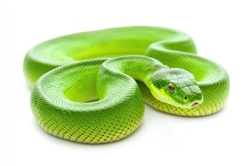 Obraz premium Majestic Anaconda in Solitude: A Captivating Green Constrictor Against a Pristine White Backdrop