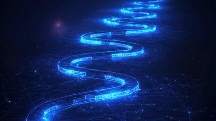 Obraz premium Digital roadmap for business process modernization. Dynamic glowing path illustrates digital transformation strategy. Abstract tech design shows network connections, data flow. Illustrates progress