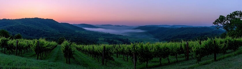Fototapeta premium The early morning sunrise reveals a beautiful vineyard landscape scene