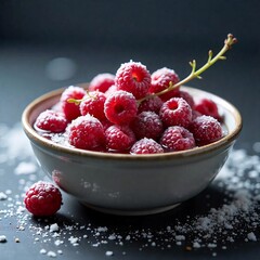 raspberries in a porcelain bowl with sugar coating sprinkled on top