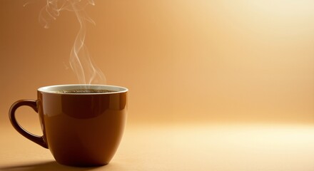 Steaming cup of coffee on a warm orange background creating a cozy and inviting atmosphere that represents relaxation and comfort