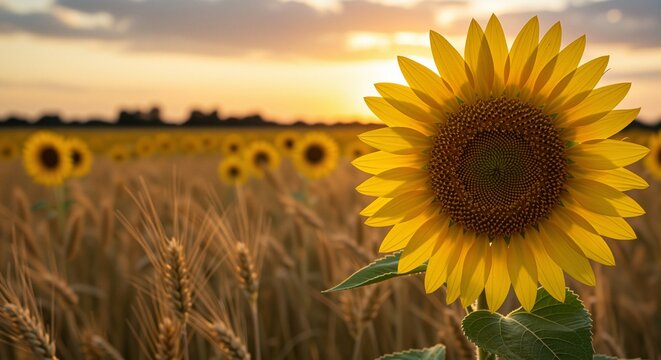 Bright sunflower standing tall in a golden wheat field during sunset, radiating warmth and positivity