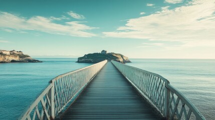 Obraz premium Scenic View of the Bridge Connecting to the Island in Biarritz, Basque Coast, France Under a Blue Sky