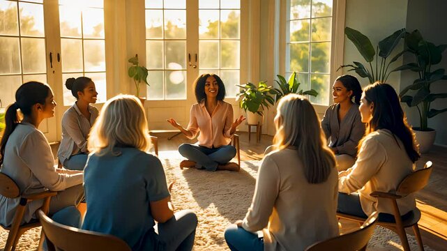 Diverse Group of Women Sitting in a Circle Engaged in a Mindfulness Meditation Session


