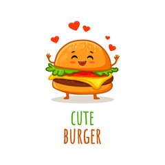 Cute cartoon burger isolated on white. Funny hamburger character with hearts in flat style. 
