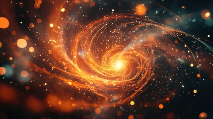 A glowing atom surrounded by swirling trails of light, representing energy and science 