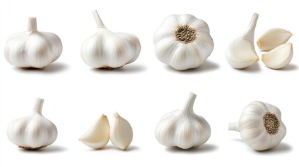 Fototapeta premium Collection of Fresh Garlic Bulbs and Cloves Isolated on White Background