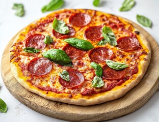 Freshly baked pepperoni pizza with basil