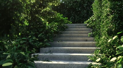 Elegant outdoor stairs surrounded by lush greenery, leading to a serene pathway. Ideal for nature and architecture themes