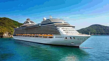 A large cruise ship floats in the blue water near land