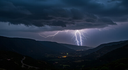 Rolling thunder echoes through the valley as dark storm clouds consume the sky, lightning illuminating the heavens in fleeting bursts of brilliance.