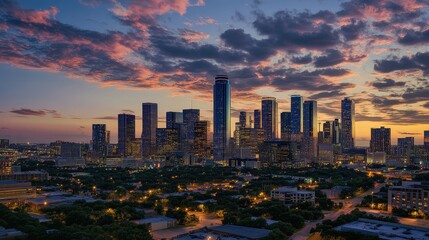 Fototapeta premium City Skyline with Pink and Purple Clouds at Dusk