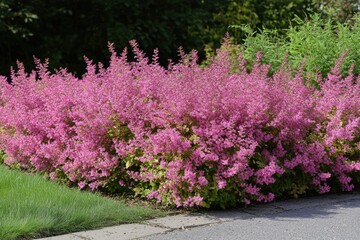 Obraz premium Blossoming Pink Spirea: A Decorative Flora of Japanese Japonica Family in Vibrant Spring Colors