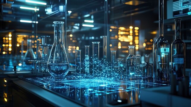 A futuristic science lab with glowing holographic quantum particle displays, intricate and advanced 