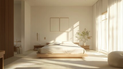 Empty modern bedroom with natural light streaming in. Cozy, comfortable room. Warm white walls showcase large bed with light beige bedding. Natural wood furniture pieces add touch of warmth