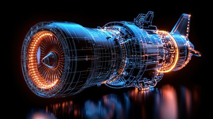 Detailed digital rendering of a jet engine on a dark surface