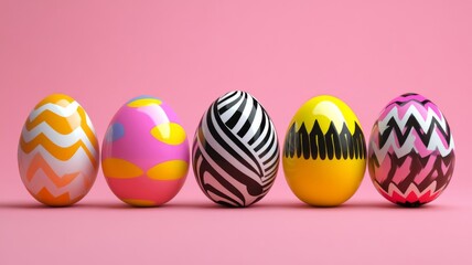 Five Decorated Easter Eggs In A Row On Pink
