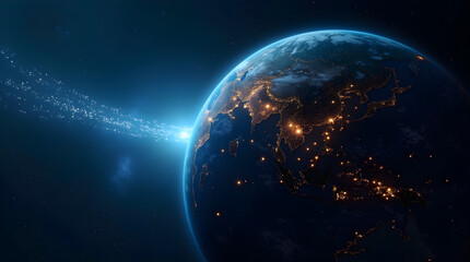 Obraz premium Cinematic Earth Night City Lights Beam to Space