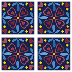 Seamless pattern azulejo tiles design. Abstract floral heart vintage. Hand drawn watercolor illustration, mediterranean patterns. Decorative ceramic, tile Mosaic geometric. On white background blue