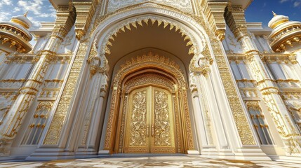 Obraz premium A grand entrance of a royal palace, massive golden gates and intricate carvings --ar 16:9 --v 6.1 Job ID: eba97ddb-37ce-4fd1-8014-fbe750a09120