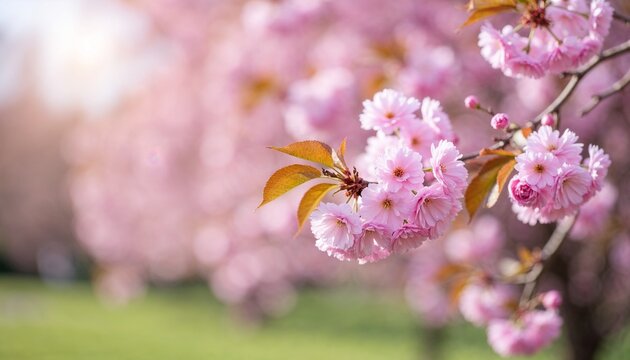 Close-up cherry blossom branch of a tree in full bloom, soft pink petals, serene park setting, tranquil and atmospheric mood