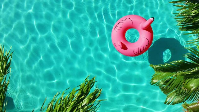 Top-down view of a vibrant tropical swimming pool with a pink inflatable float, surrounded by lush palm trees on a sunny summer day, evoking a serene, relaxing, and refreshing vacation atmosphere.