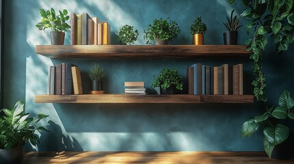 Sunlit wooden shelves with books and plants against a teal wall.
