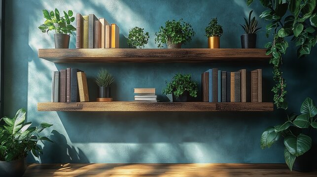 Sunlit wooden shelves with books and plants against a teal wall.