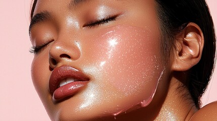 Fototapeta premium A beautiful woman is wearing pink gloss on her face