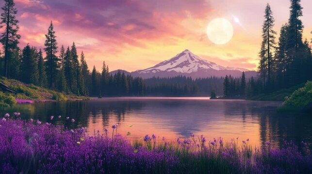 Purple flowers that grow beautifully on the edge of a very cool and natural lake . seamless looping time-lapse virtual 4k video Animation Background.	