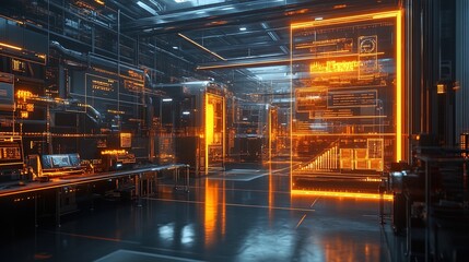 Fototapeta premium A modern industrial facility illuminated by holographic workflow projections, efficient and glowing 