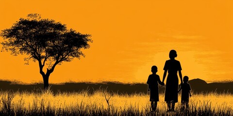 A mother and her two children walking together in the savanna