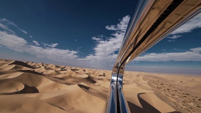 Hyperloop Transportation System in a Futuristic Desert Landscape with Sand Dunes and Sky